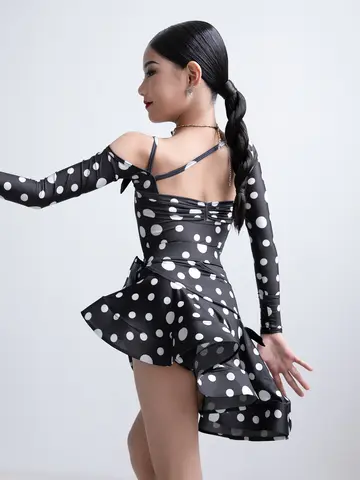 VENNY Latin Dance Dress for Girls and Children New Long-Sleeved Professional Polka Dot Dance Dress Separate Body Training Dress