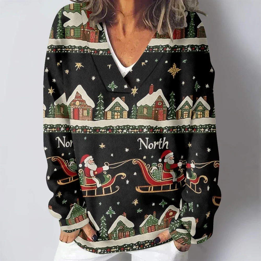 

Christmas Snow Night Print V-neck Casual Sweatshirt Women Winter Warm Town Classic Hoodie Funny Holiday Elegent Couple Pullovers