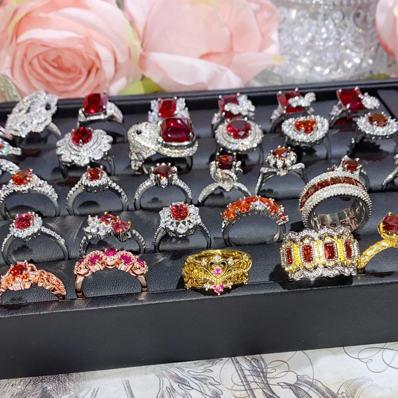 Red Created Ruby Rings for Women Adjustable Size Vintage Jewelry Corundum Silver/Gold Color  Engagement Party Accessories