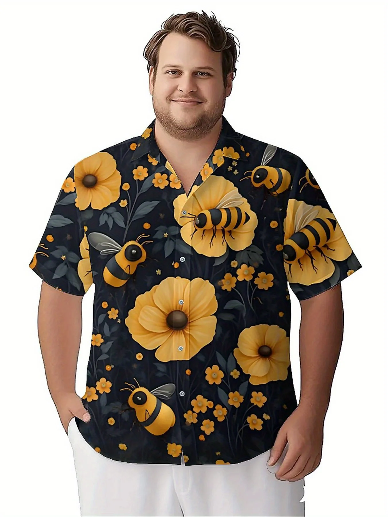 メンズプラスサイズアロハシャツ蜂と花柄、ユニセックスアロハシャツ、夏のトップスTシャツ、ストリートウェア