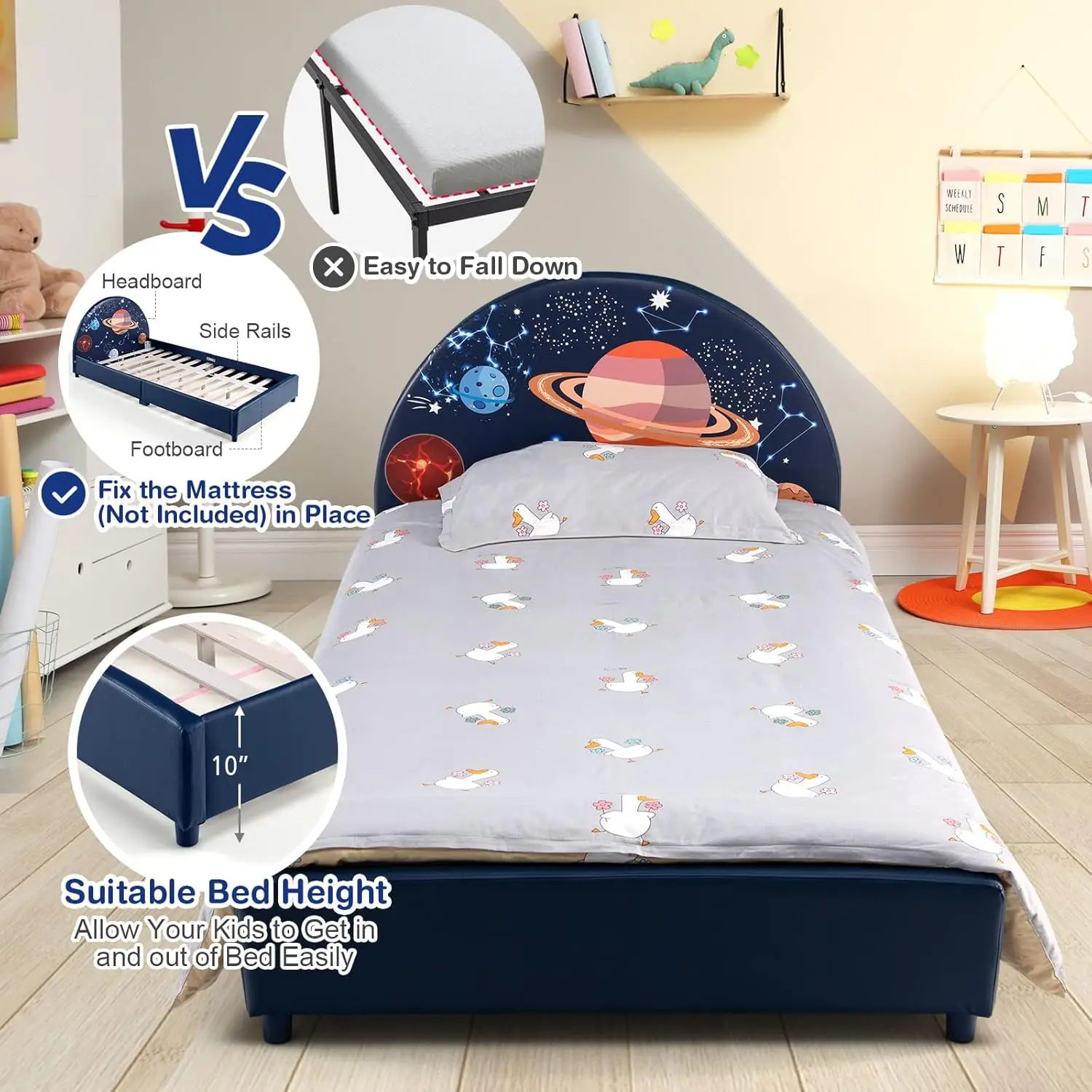 Twin Bed Frames for Kids Wood Upholstered Twin Bed Platform with Slat Support Padded Headboard&Footboard No Box Spring