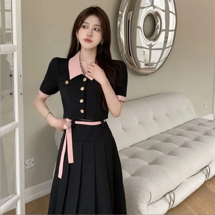 

Летний модный комплект для женщин больших размеров: топ с коротким рукавом и воротником из полиэстера, юбка-миди, скрывающая недостатки фигуры, с эффектом похудения