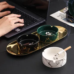 European Style Marbled Ceramic Gold Tracing Ashtray Round Storage Box Household Portable Ashtray Car Living Room Decoration Gift