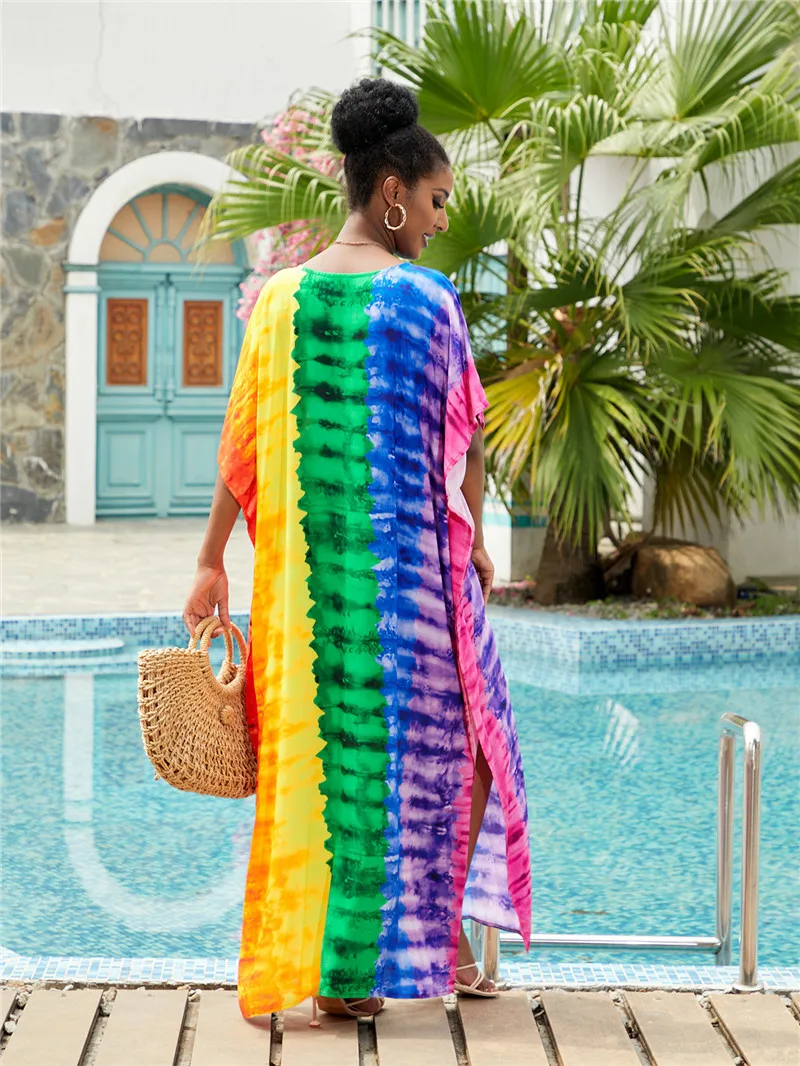 فضفاض بوهو الفراشة طباعة ماكسي فستان المرأة شاطئ تونك بيكيني التستر عادية حجم كبير النساء بحر قفطان الغطاء