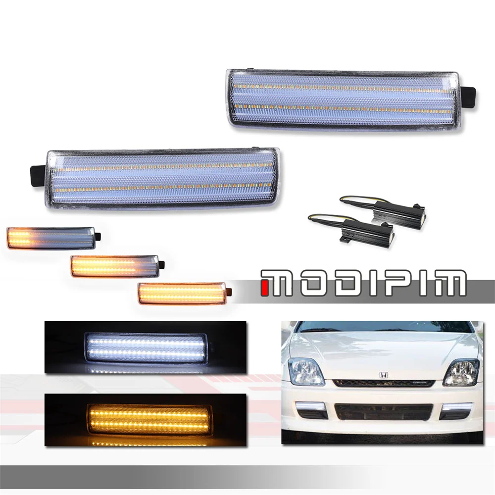 White LED Front Bumper DRL Driving Lights & Sequential Amber Turn Signal Blinker Lights Assembly For Honda Prelude 1997-2001 12V