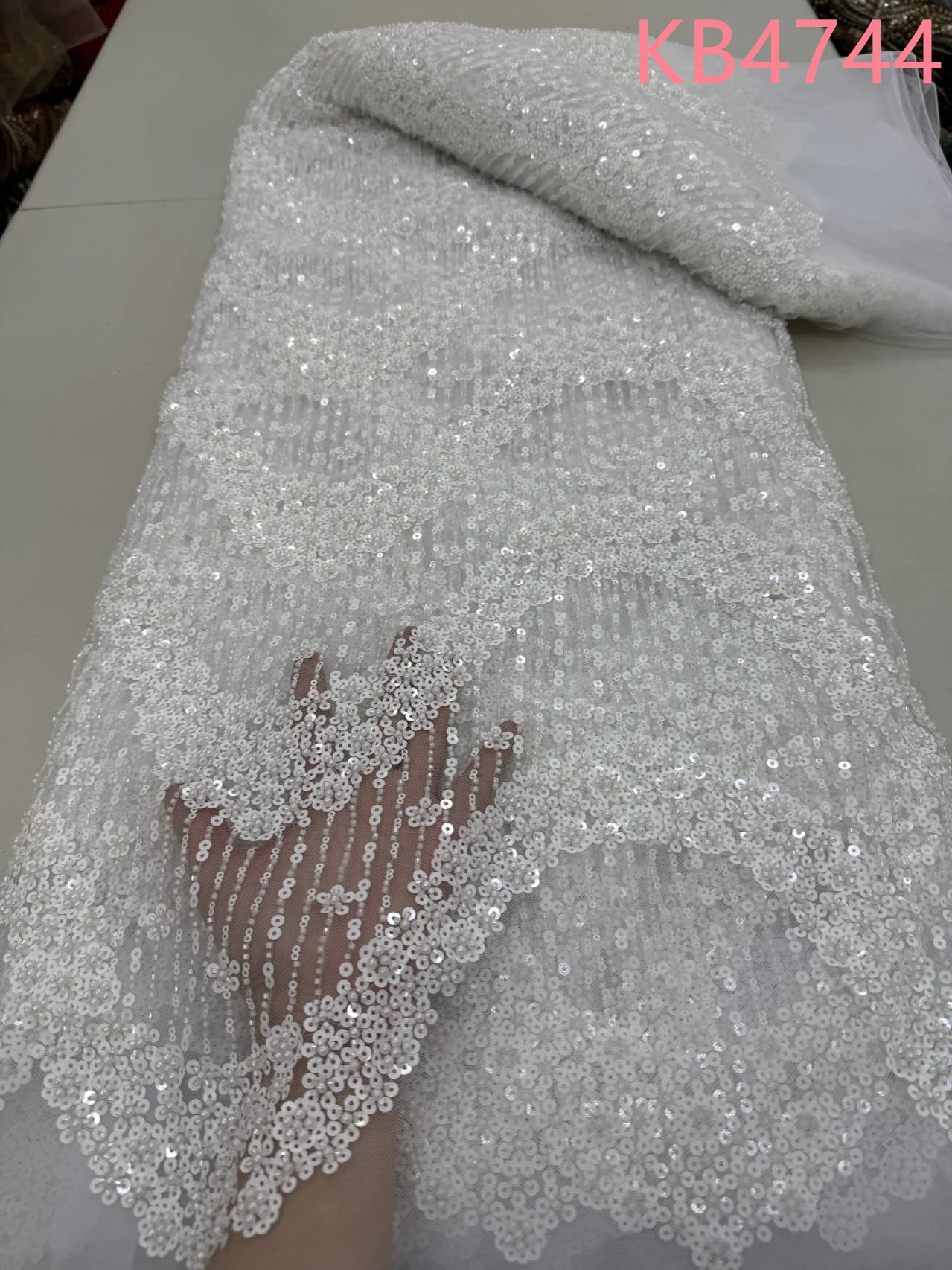 

African Fabric Lace High Quality 2025 Gold Beaded Lace Fabric Sequins Black Beaded Lace Fabric White For Dress Sewing KB4744