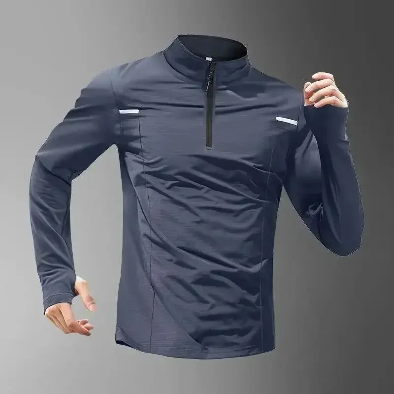 Men's Long Sleeve Training T-Shirt Half Zip Running Fitness Black Autumn New Style American Sports Top Quality Material