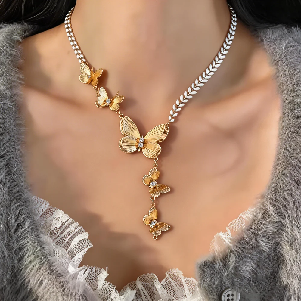 18K Gold Plated Butterfly Fishbone Chain Y Drop Necklace Crystal Rhinestone Jewelry For Women Daily Party Gift