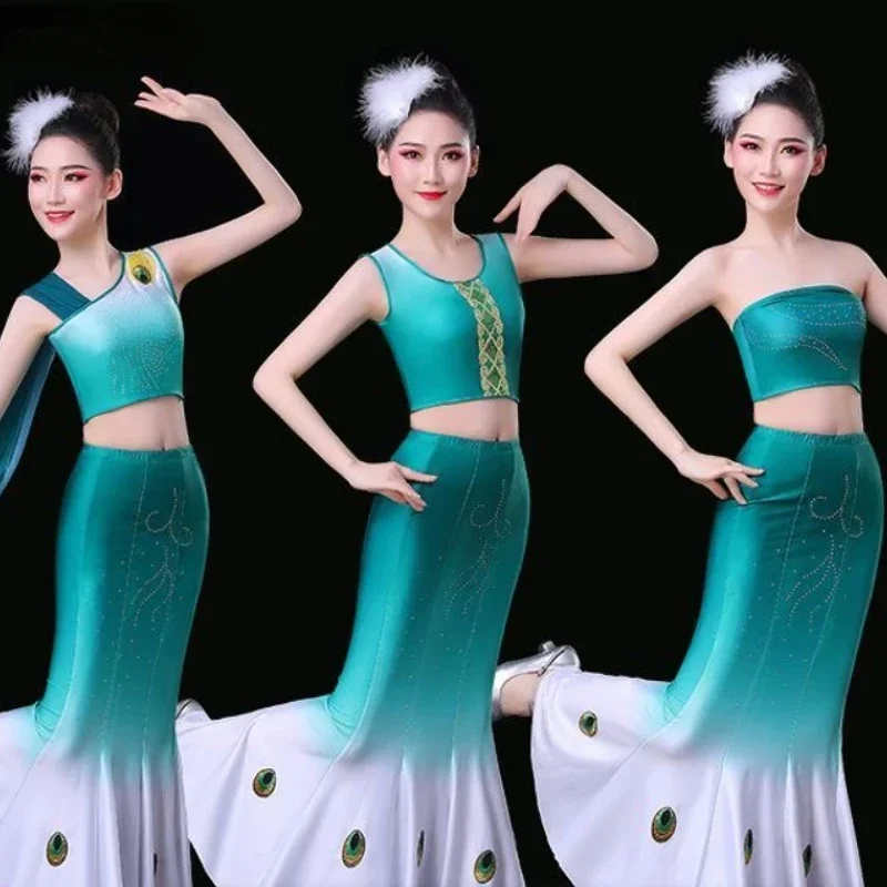 

Women Dai Peacock Dance Clothing Children Fishtail Wrap Hip Chinese Folk Dance Costumes Children Hmong Dance Wear for Stage