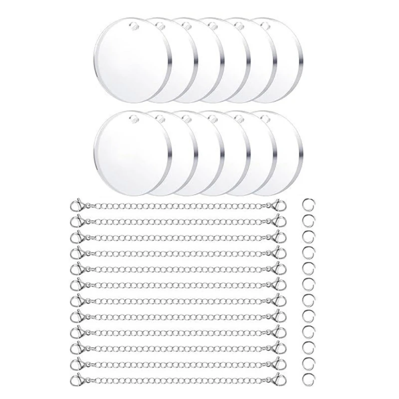 M2EA Pack of 12 Clear Acrylic Round Discs with Silver Chain Connectors Cup Handle Sublimation Accessory Set