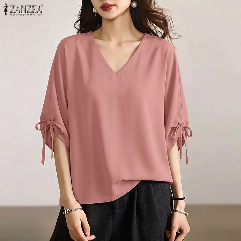 ZANZEA Woman Summer Loose Blouses Casual V-Neck Half Sleeve Tied Cuffs Solid Color Tops Fashion Daily Streetwear Blusas Mujer - view 4