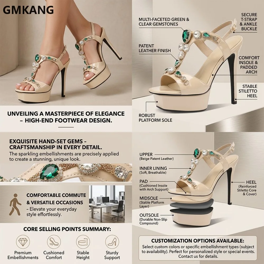 GMKANG Cowhide Patent Leather Platform Crystal Sandals Women Round Toe Super High Heel T-Block Heel Banquet Summer Party