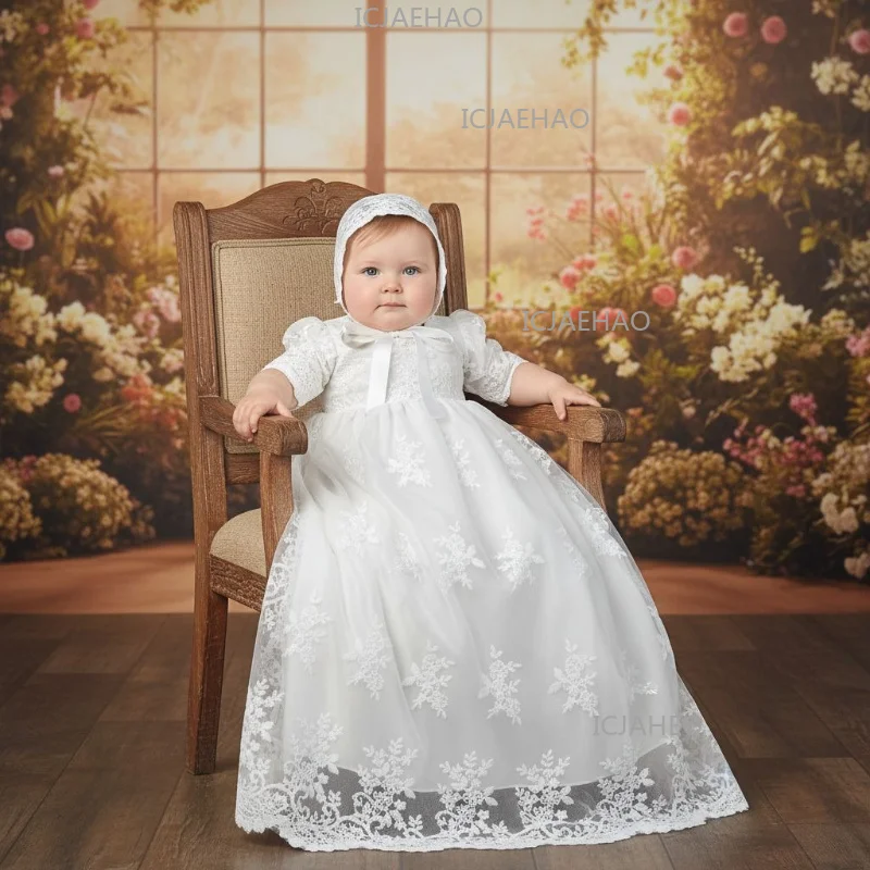 Baby Kids First Birthday Hundred Days Piece Set Party Banquet Costume Christening Gown Children White Long Lace Dress Hat Two