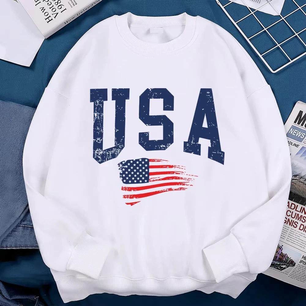

American Flag Hoodie, Casual and Loose Hoodie, Creative O-neck Sweatshirt, Street Fashion Pullover, Women's Clothing