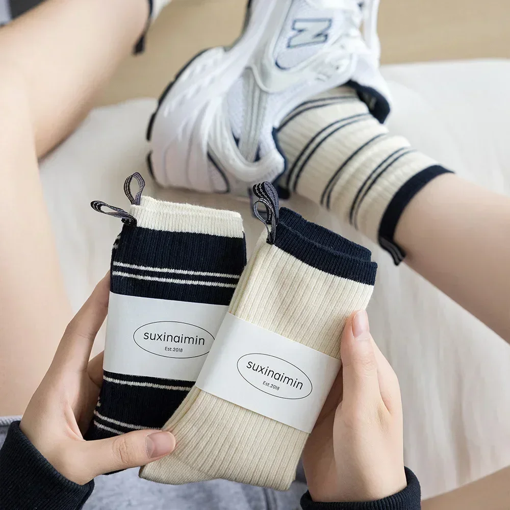 suxinaimin socks women's spring and autumn contrasting color stripes ins trendy Japanese medium tube stack socks