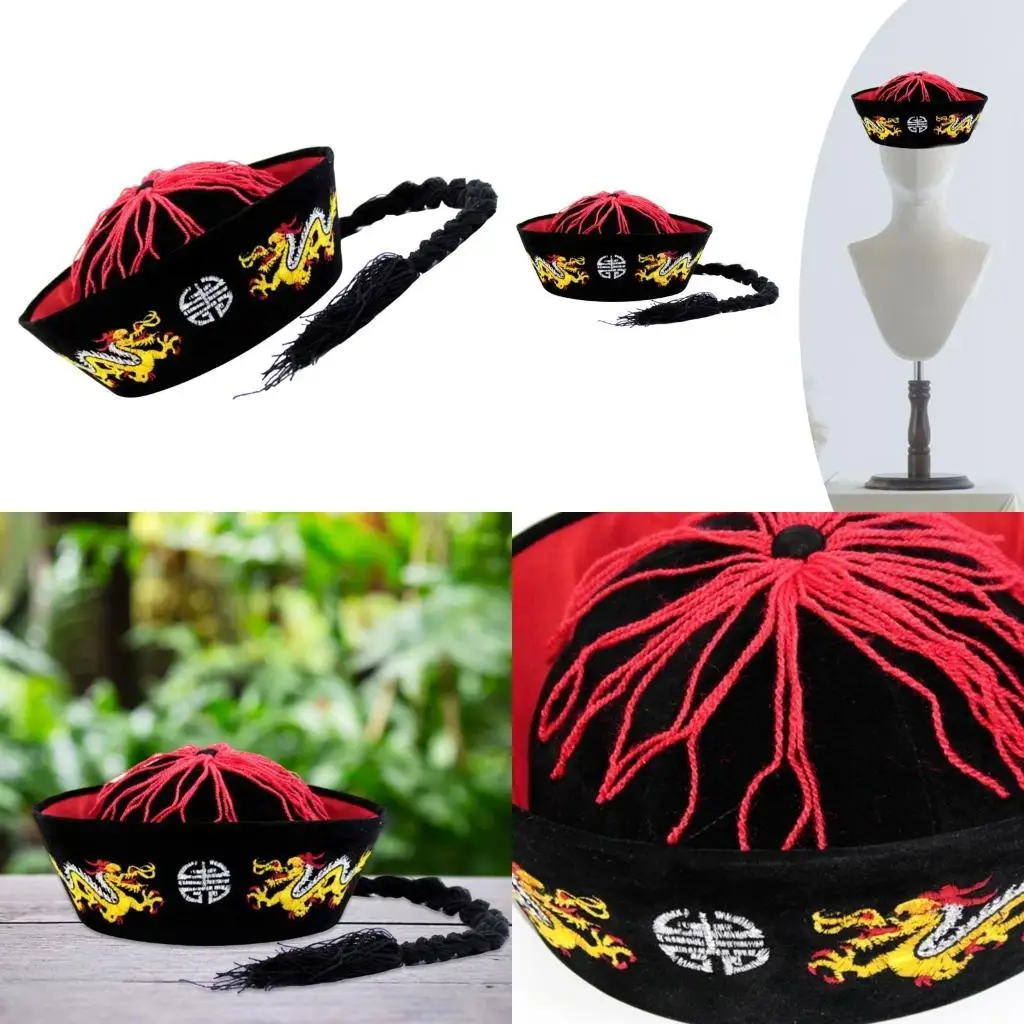 

39BB Dragon Embroidered Halloween Cosplay Hat Ancient Chinese Eunuch Hat with Pigtail