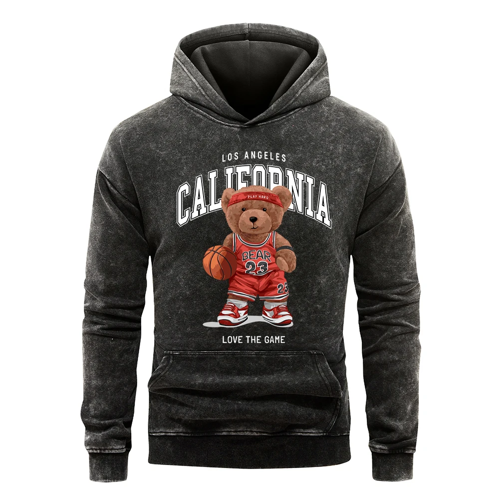 Basketball Bear California Printing Washed Hoody Fashion Loose Hoodie Cotton Autumn Hoodies Distressed Casual Sportswear Unisex