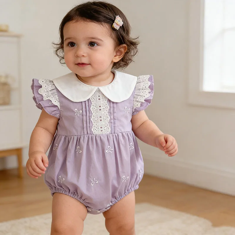 Baby Girl Summer Korean Style Lace Flutter Sleeve Romper Bodysuit Cute Soft Cotton Newborn Infant Casual Outdoor Clothing 0-24M