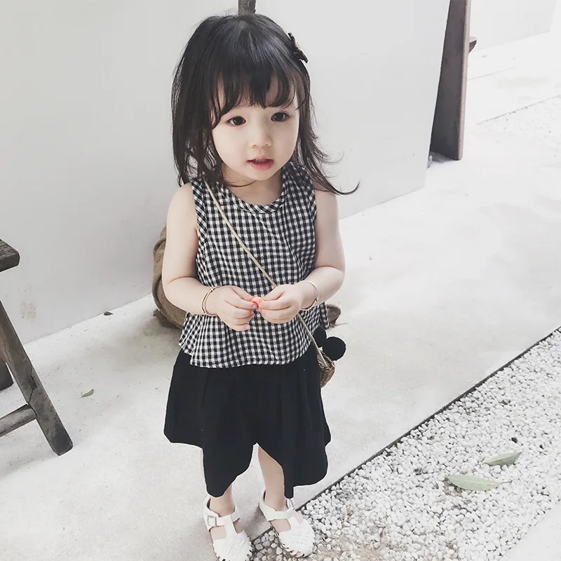 Girls' Plaid OutfitALetter Tank Top with Wide-Leg Shorts25Summer New Fashion Foreign Trade Children's Clothing Wholesale2-7Years