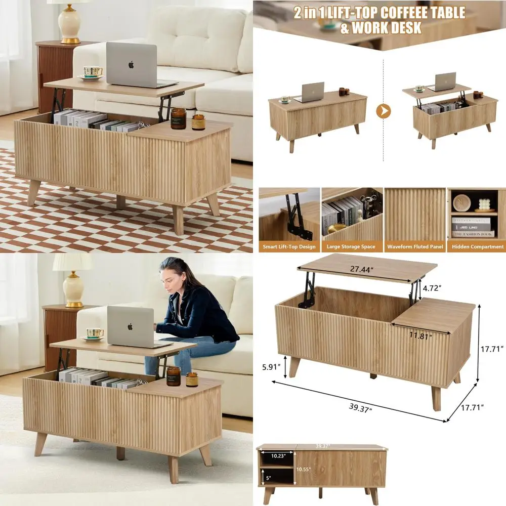 طاولة قهوة خشبية مخفية مع حجرة مخفية، وطاولات مركزية مستطيلة حديثة مع رف تخزين قابل للتعديل، ورفع