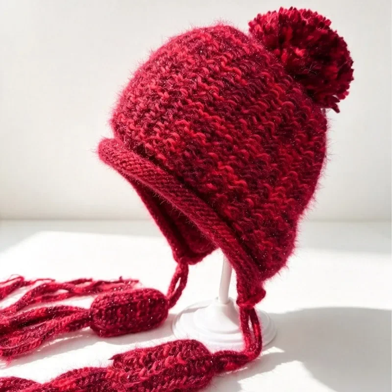 Women's Autumn Winter Chunky Knit Beanie Ethnic Style Ear Cover Japanese Tie Pom Pom Hat