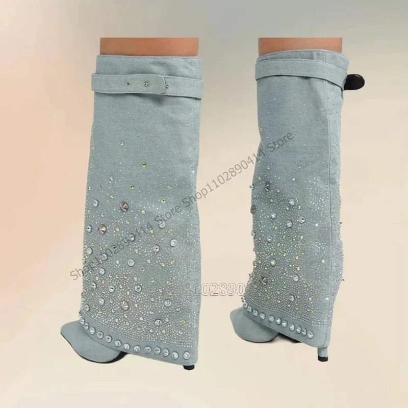 Sky Blue Denim Crystal Decor Pointed Toe Boots Slip On Women Shoes Thin High Heels Party Banquet Dating 2026 Zapatos Para Mujere