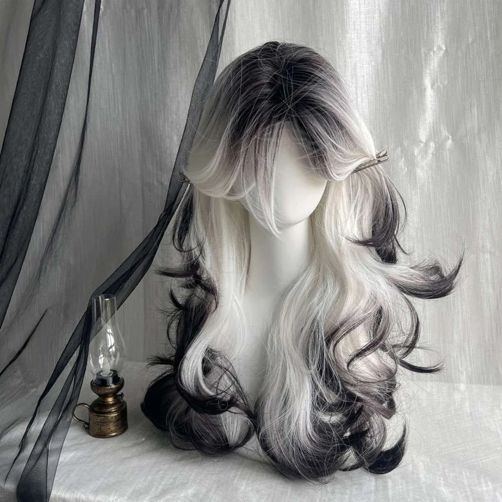 Lange gewellte synthetische schwarze Ombre-weiße Perücke, flauschige Damen-hitzebeständige Perücke für die tägliche Party, Lolita, Cosplay – Detail 2