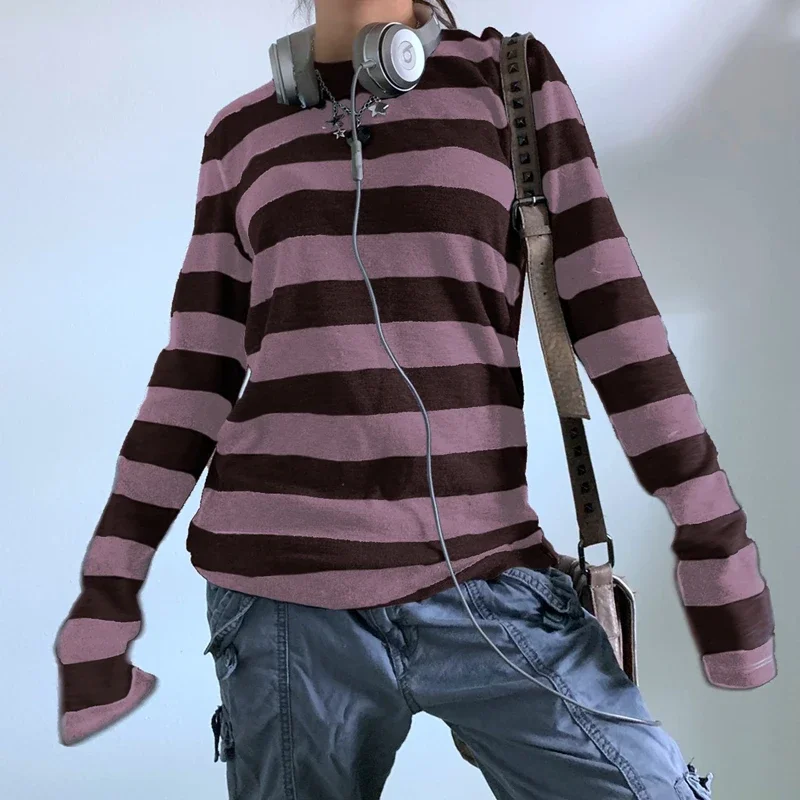 Women's Y2K Striped Thumb Hole Top | Vintage Fairy Grunge Baggy Long Sleeve Tee, Retro E-Girl Streetwear for Autumn