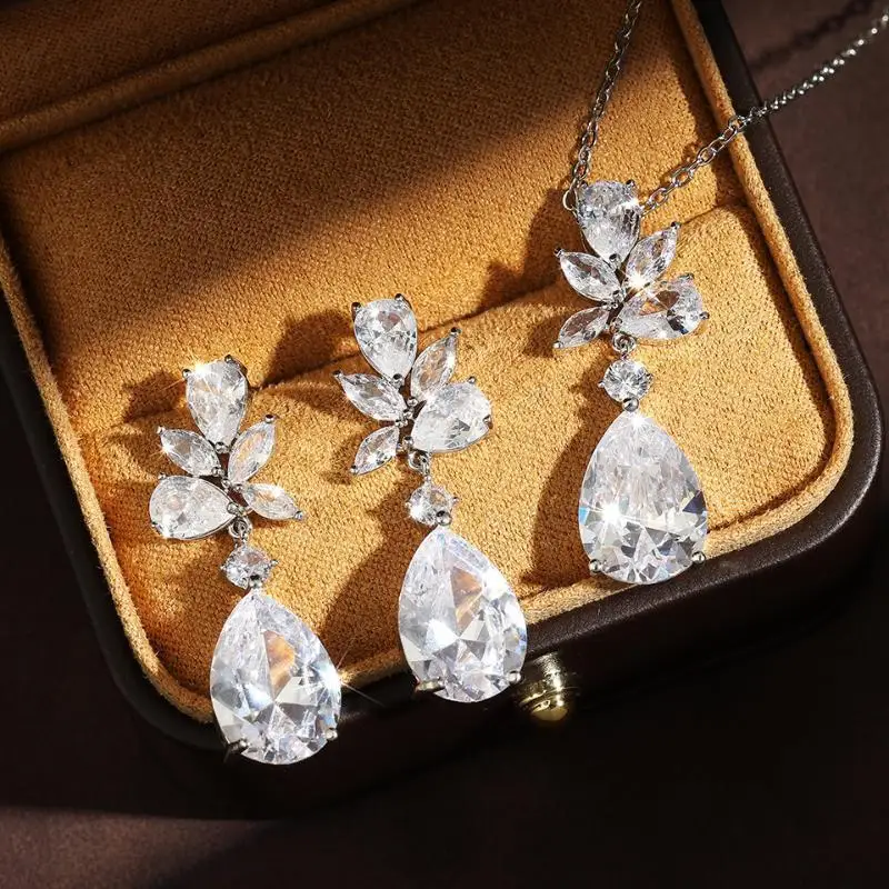

Uilz Classic Shiny Water Drop Zirconia Pendant Necklace Earrings Elegant AZ Jewelry Set for Women Engagement Wedding Jewelry