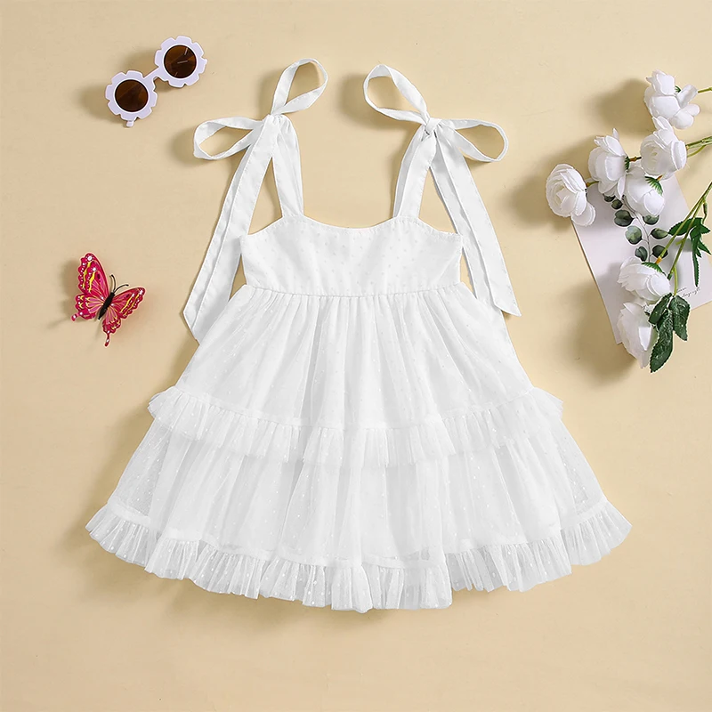 Baby Girl Princess Dress Sleeveless Tie Strap Swiss Dots Ruffle Tulle Dress Toddler Summer Outfit