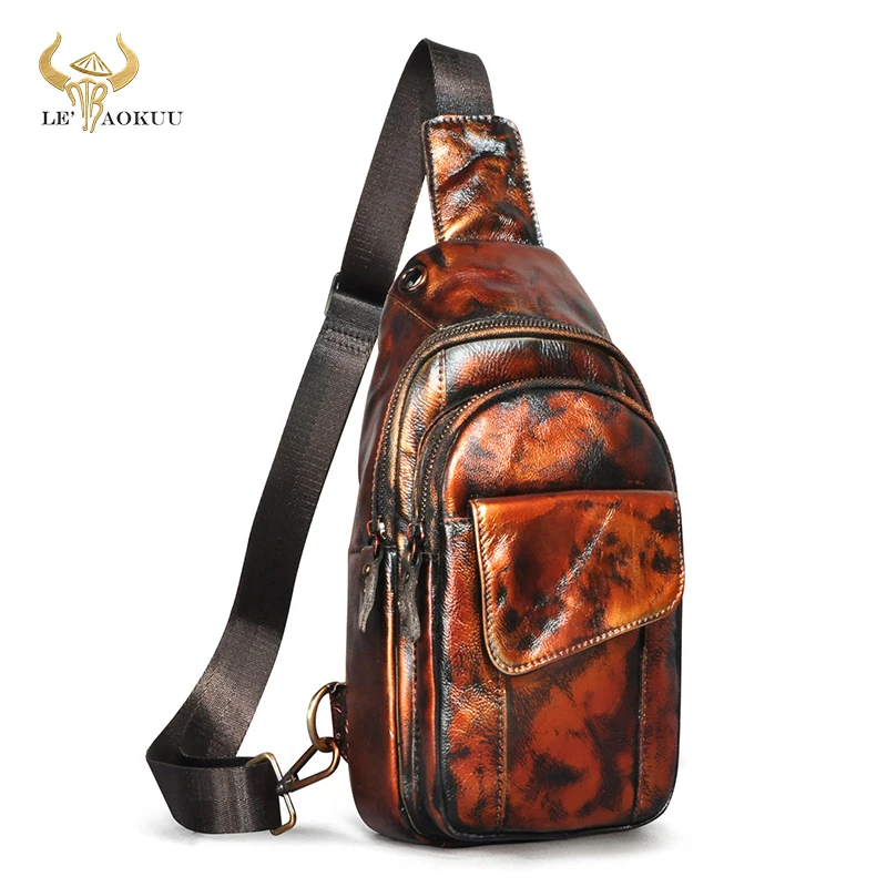 

Best Sell Natural Leather Men Fashion Travel Triangle Sling Chest Bag Design 8" Tablet One Shoulder Strap Bag Daypack Male 8013