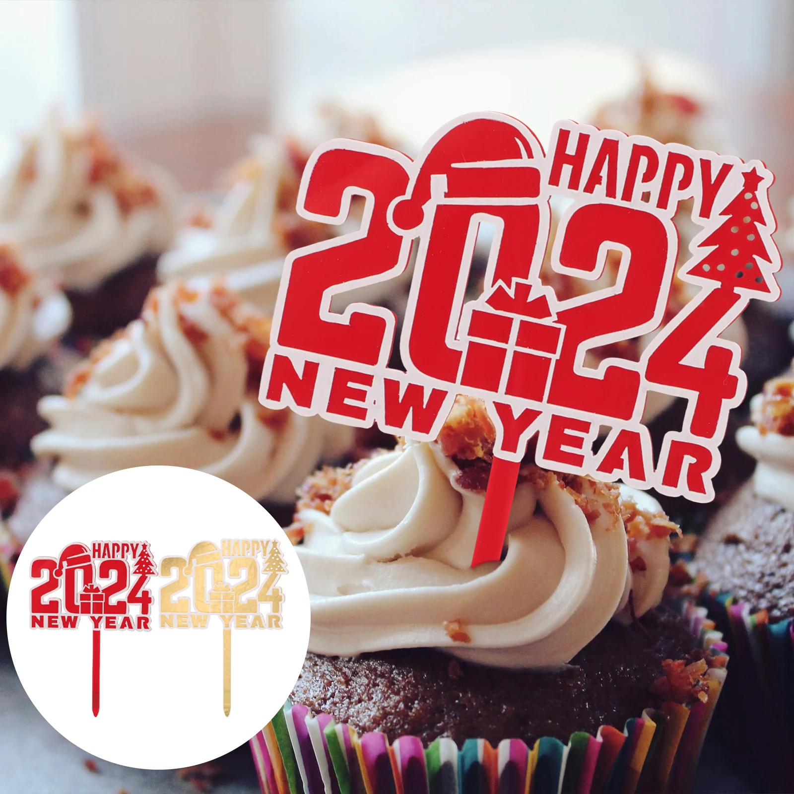 

10pcs Cake Cup Set Holiday Toppers New Year Christmas Decorations Red White Gold Acrylic Picks Cupcake Party Supplies