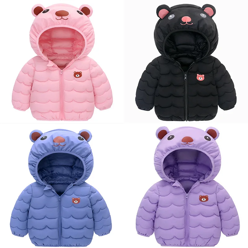 Children Girls Winter Light Jacket Cartoon Bear Wavy Pattern Kid Boys Warm Overcoat Cute Bear Hat Zipper Toddler Girls Outerwear