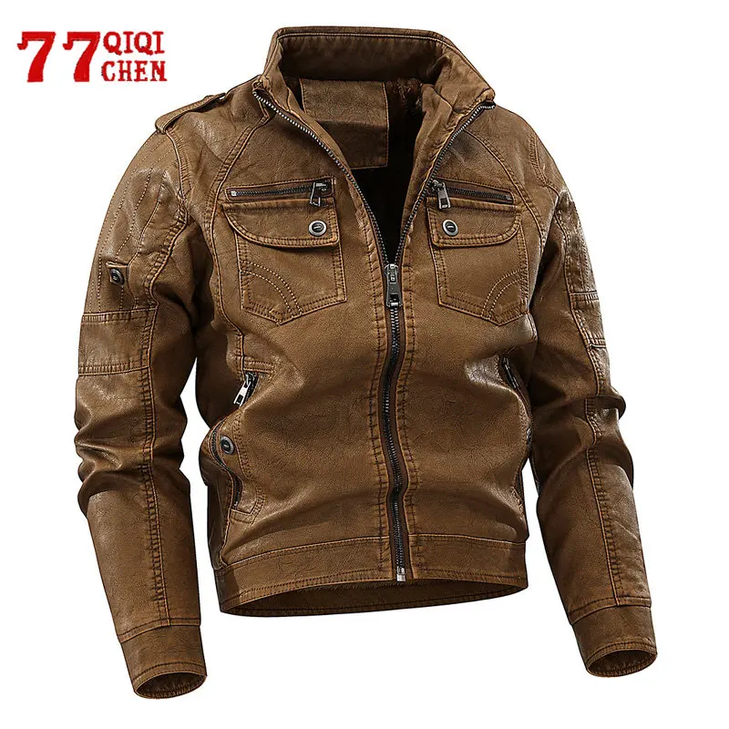 

Vintage Faux Leather Jacket Men Winter Fleece Warm Washed PU Motorcycle Biker Jackets Fashion Casual Loose Bomber Coat Plus Size