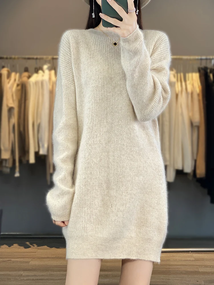 Aliselect Women 100% Mink Cashmere Knitted Dress Spring Winter Autumn O-Neck Sweater Female Dresses Hot Sale Long Style Jumpers