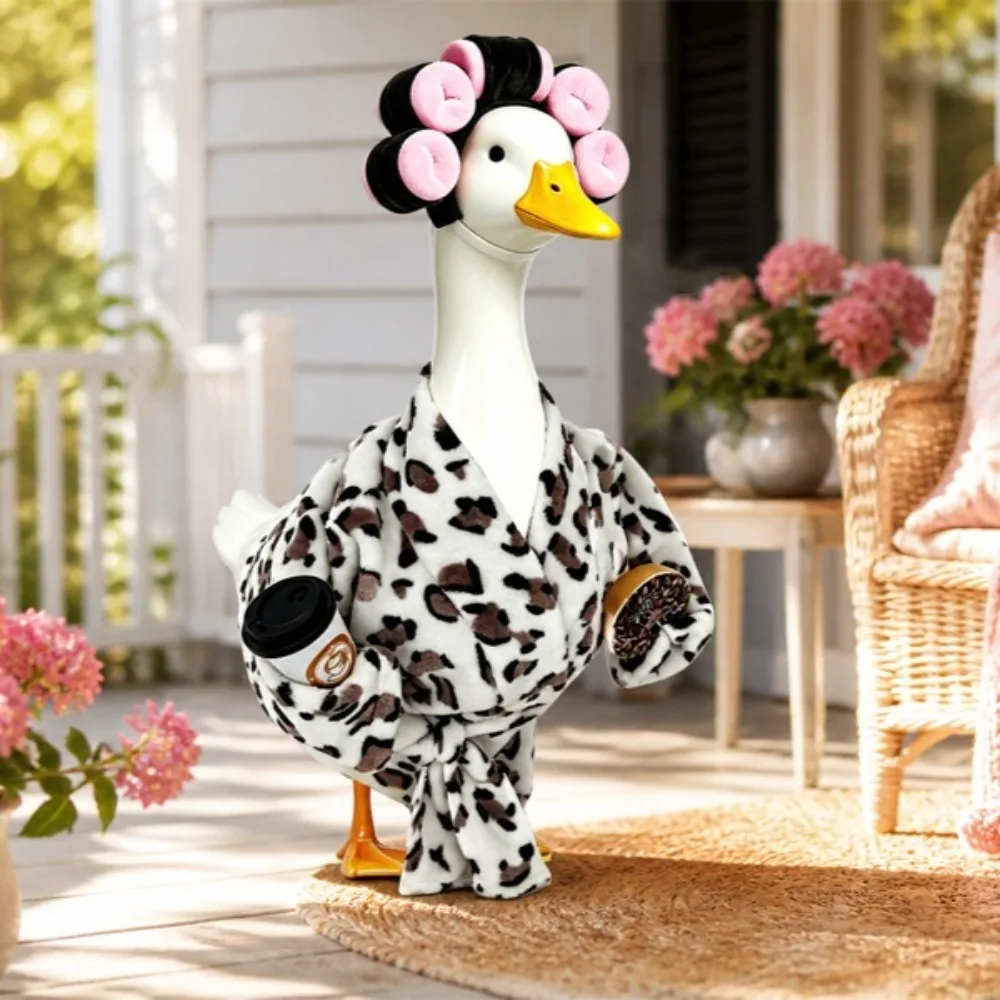 Role Play Set 23 Inch Garden Goose Statue with Cow Print Bathrobe Outfit, Funny Spring Summer Lawn Patio Yard Farm Decor