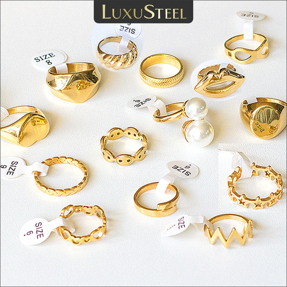 LUXUSTEEL Vintage Golden Color Stainless Steel Rings for Women Geometric Pearl Hollow Stars Fashion Wedding Jewerly Gifts
