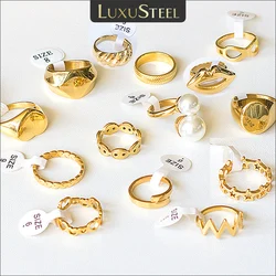 LUXUSTEEL Vintage Golden Color Stainless Steel Rings for Women Geometric Pearl Hollow Stars Fashion Wedding Jewerly Gifts