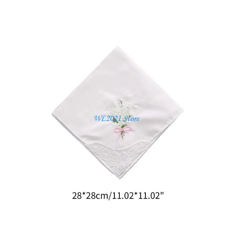 G5GC Cotton Ladies Handkerchiefs Vintage Floral Lace Edging Wedding Party Embroidery Women Girls Flower Hanky 28cm