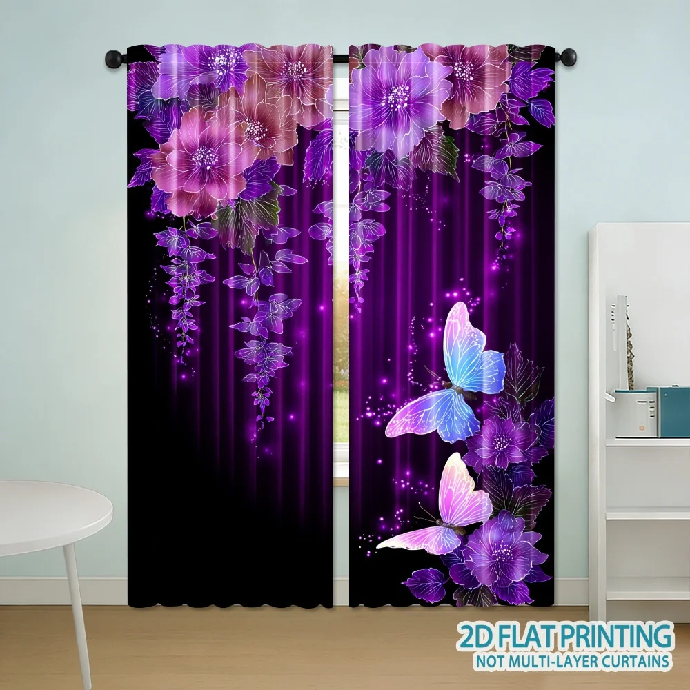 Butterfly and flower pattern polyester tufted curtains, with pole-mounted design, suitable for living room bedroom study kitchen