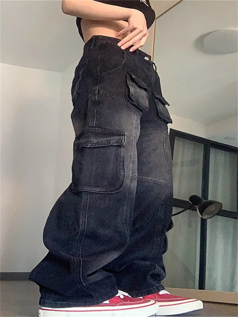 스트릿웨어 데님 카고 팬츠 가을 여성 하이웨이스트 멀티 포켓 스트레이트 진 카우보이 캐주얼 청바지 데님 팬츠