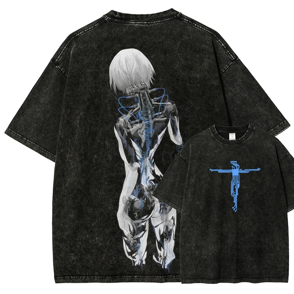 Camiseta de Anime Ghost In The Shell, Lavada, para Amantes del Anime, Parejas, Tallas Grandes, Unisex, Ropa con Personalidad, Ropa Clásica para Todo el Año