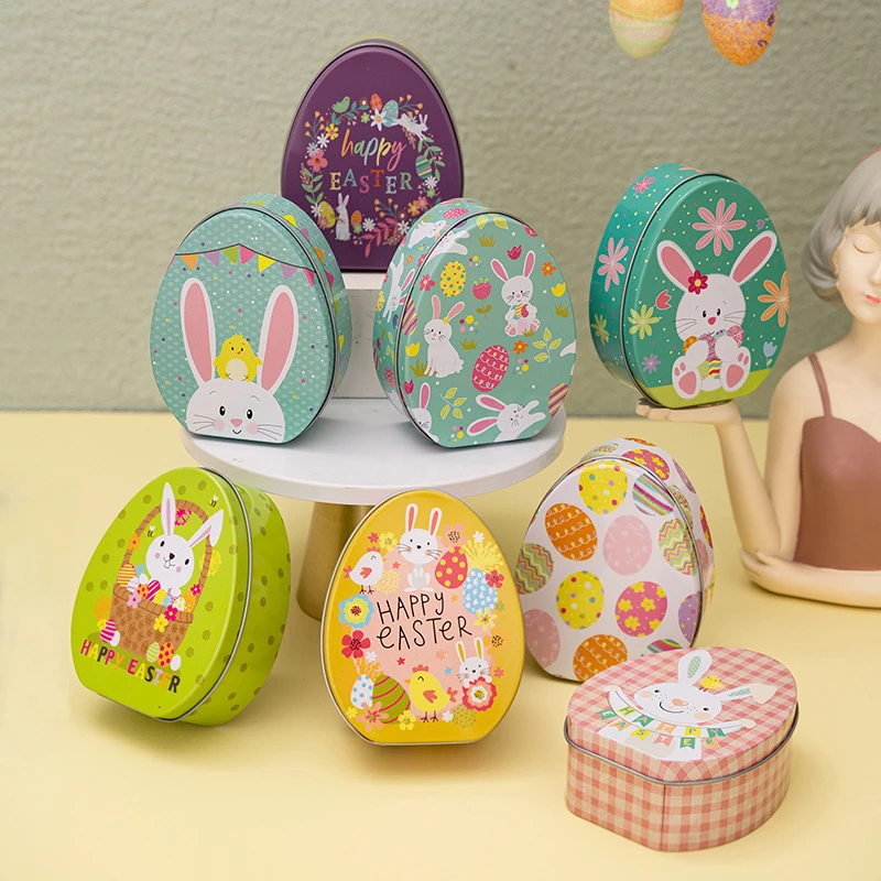 Cute Easter Theme Metal Candy Boxes Egg Shaped Rabbit Cookie Gift Packing Box Birthday Baby Shower Happy Easter Party Decoration