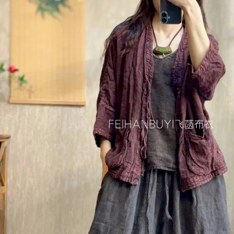 Printemps automne nouveau Style artistique femmes laçage conception point ouvert manteaux courts Vintage coton lin décontracté vestes amples de haute qualité
