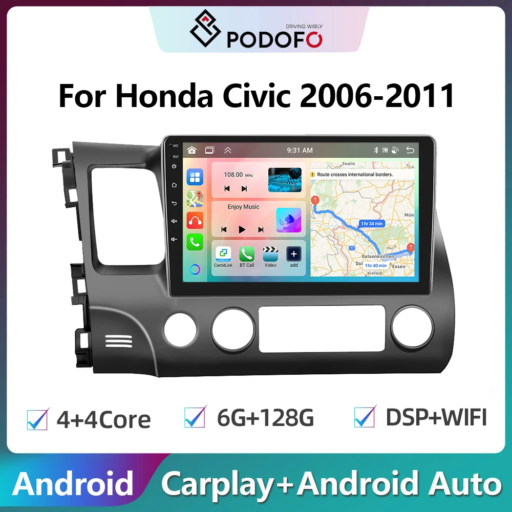 

Podofo 2din Android Car Radio For Honda Civic 2006-2011 6G+128G Carplay Stereo Player Autoradio WIFI GPS Navigation FM/RDS