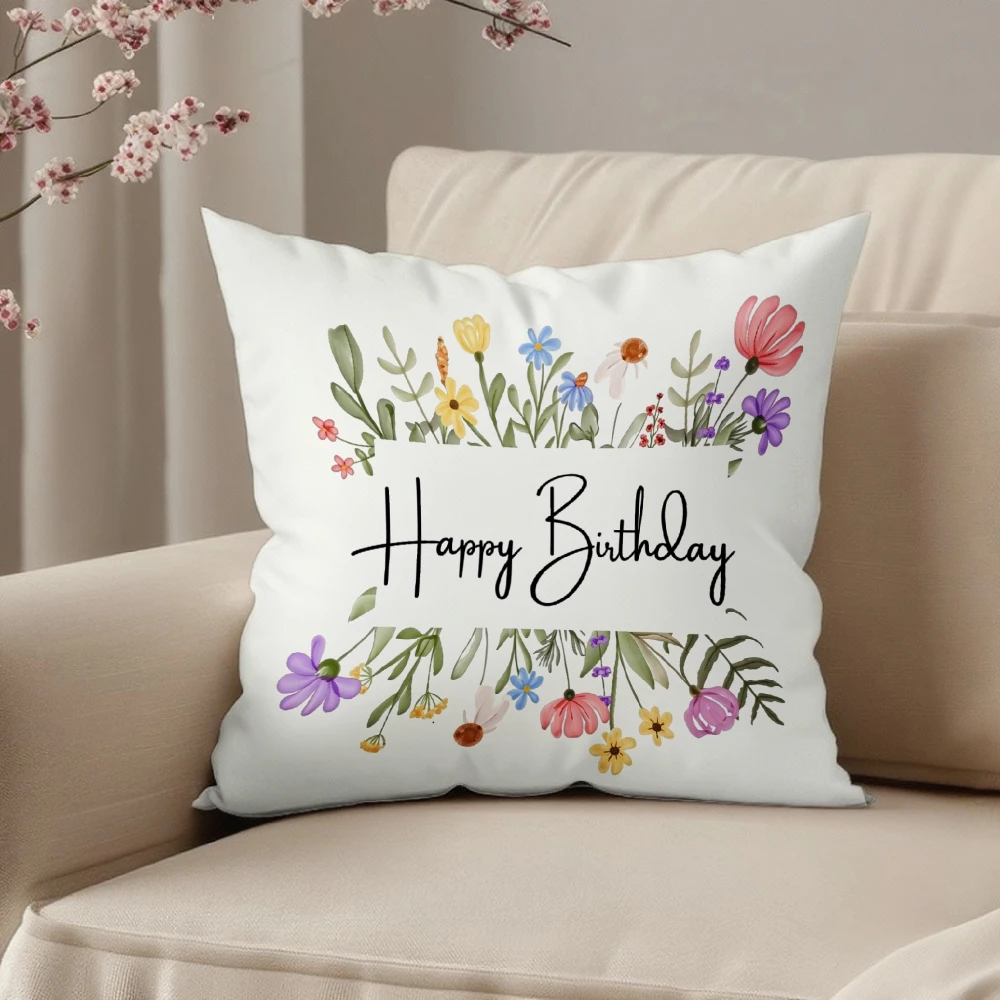 Square Throw Pillow Case White Floral Bouquet Happy Birthday Text Print Decorative Cushion Cover For Living Room Sofa Bedroom Ho