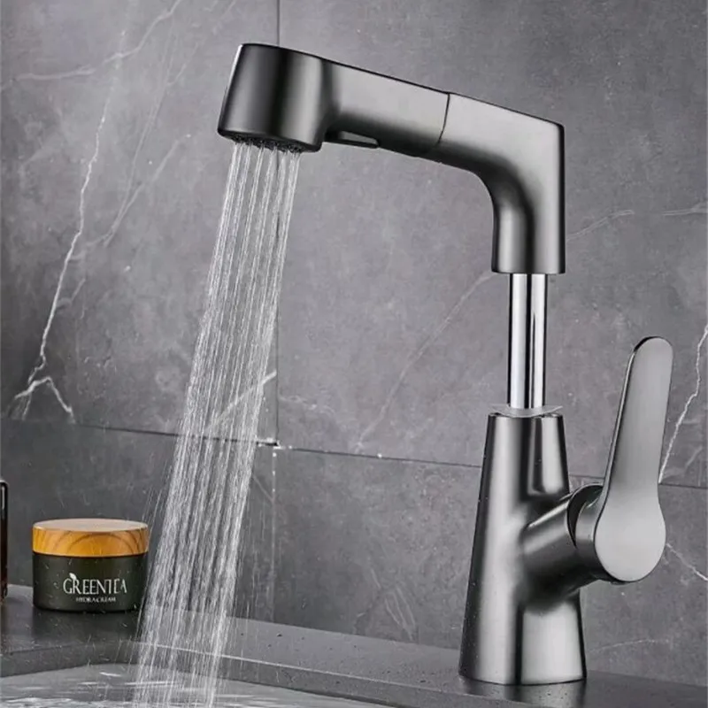 Basin Faucets Hot & Cold Brass Bathroom Mixer Taps Pull Out Liftable Rotating Gun Grey/Chrome/Black/Brushed Gold Water Crane New