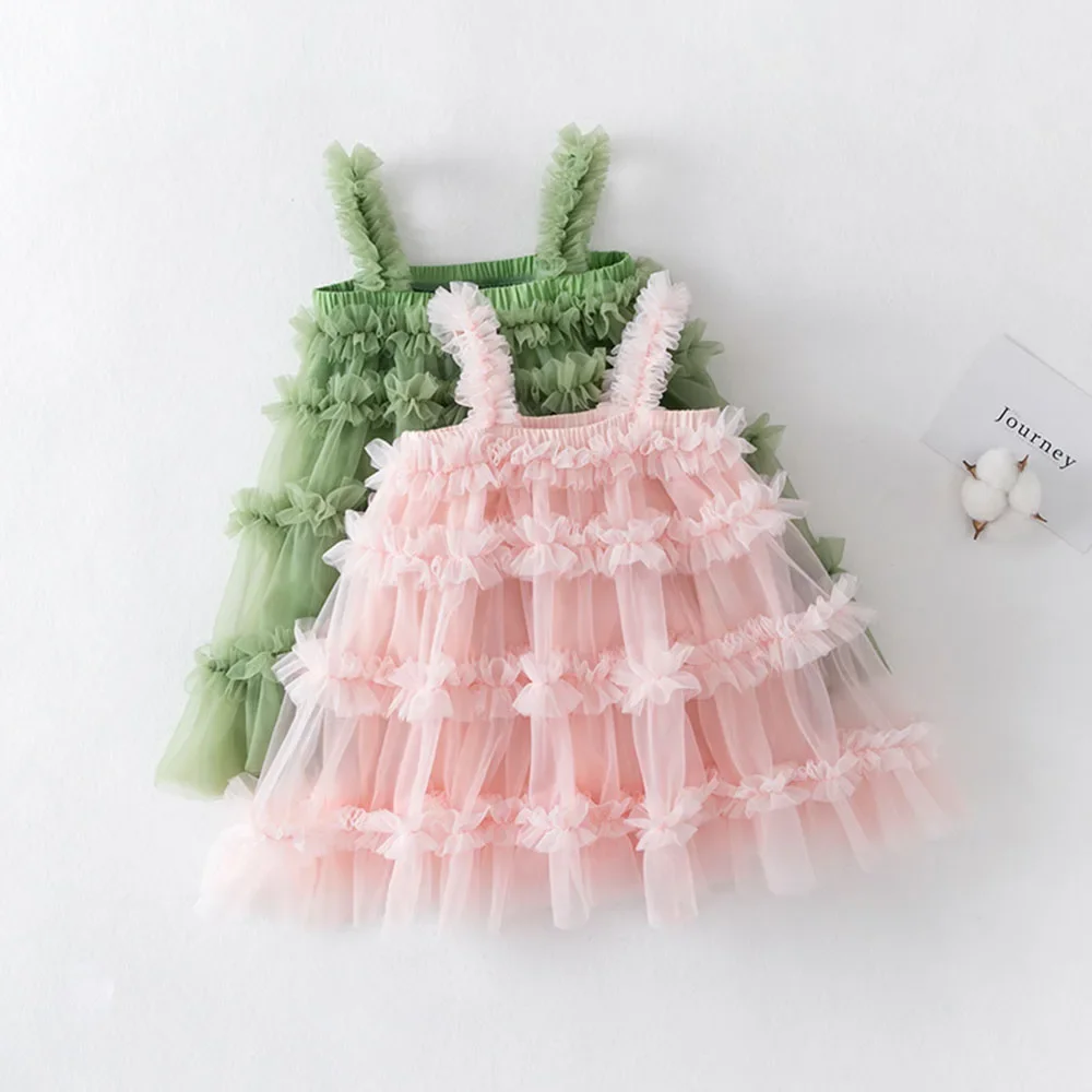Baby Girls Tutu Dress Sleeveless Ruched Tulle Toddler Girl Princess Dresses Sling Solid Green Children's Gown 2-6 Years