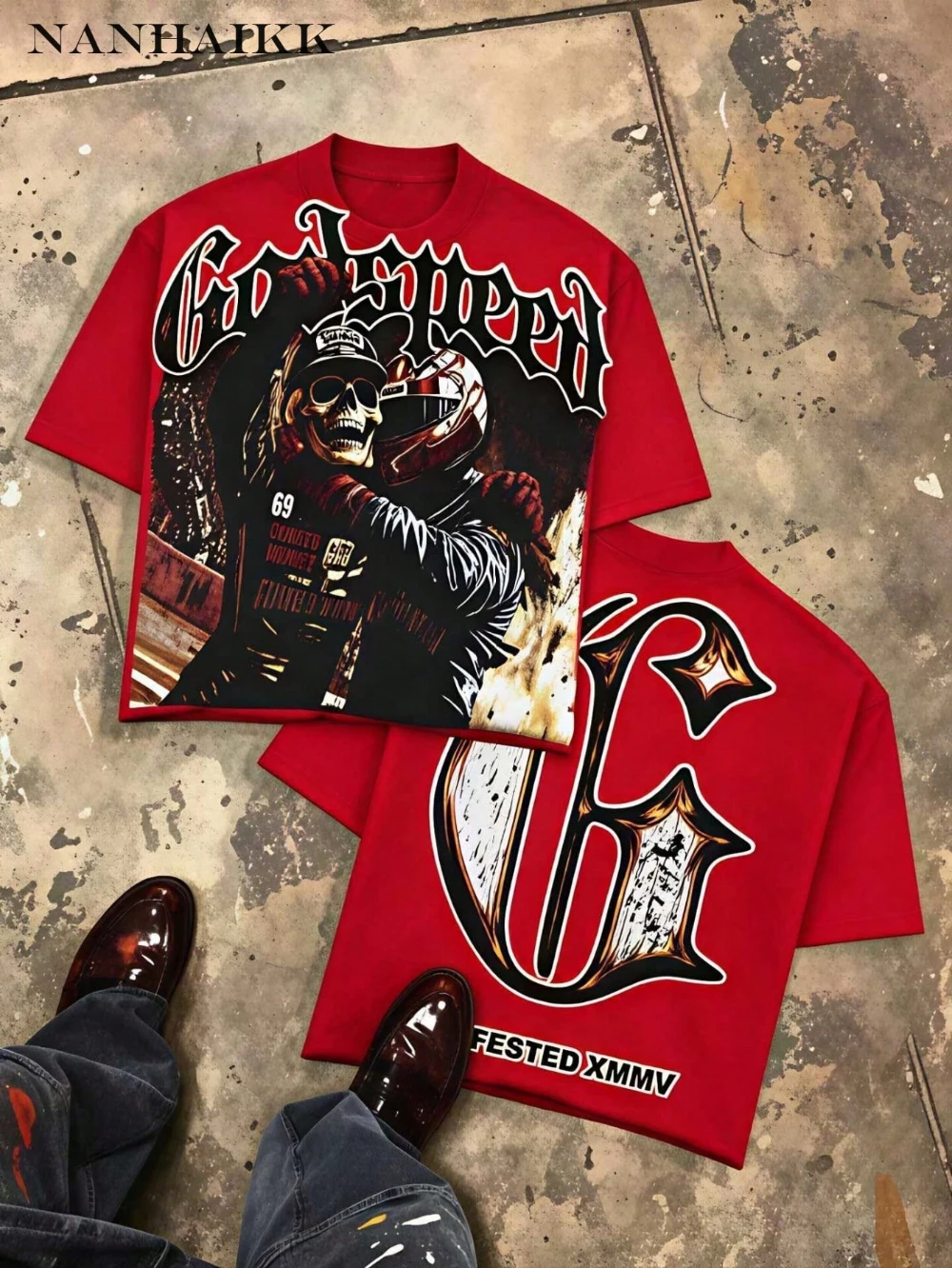 2026 Summer Men Vintage Racing Skeleton T-shirt Oversized Short Sleeve Tee Retro Streetwear Hip Hop Loose Summer Cotton Top