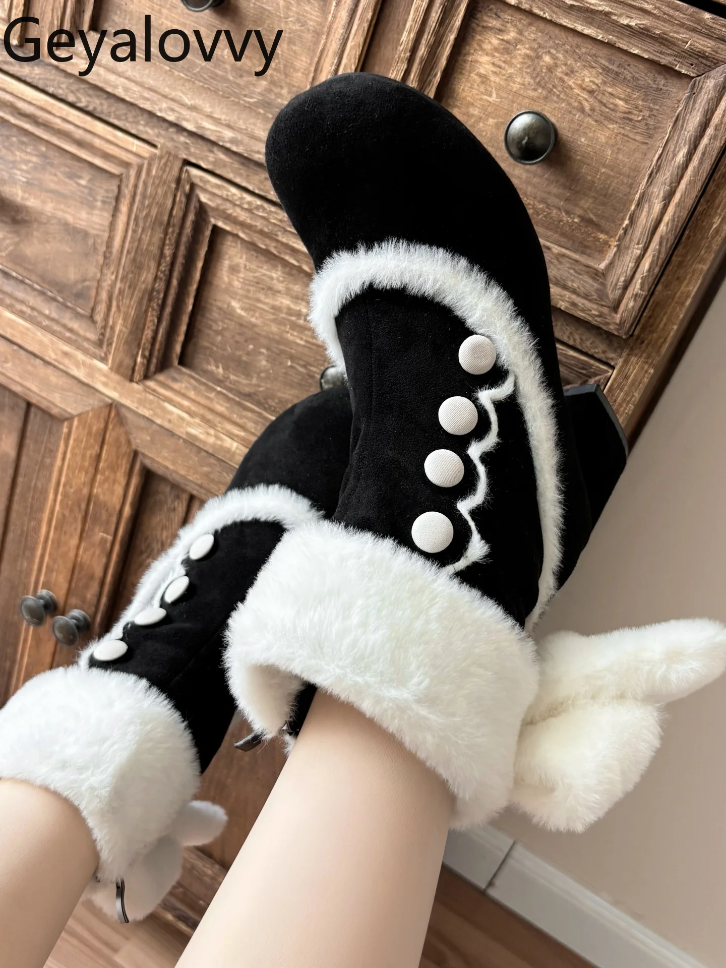 

Original Sweet Girls Versatile Bow Elegant Mid-Calf Boots Lolita Short Boots Round Toe Chunky Heel Autumn Winter Snow Boots